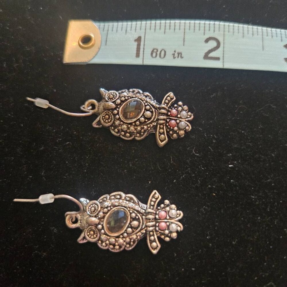 Owl Earrings Drop Silver Dangle Rhinestone Pearls - Picture 3 of 5